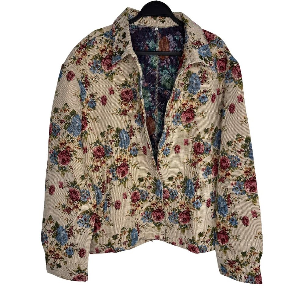 Floral Pattern Beige Zip-Up Jacket 2XL Pink & Blue Roses Lightweight - Picture 5 of 9
